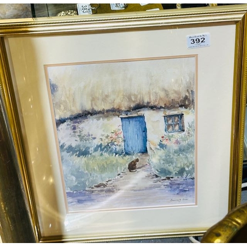 392 - Gilt Framed Rosemary Gaw Watercolour - Cat At The Blue Door