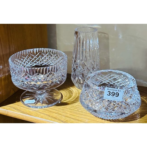 399 - 3pc Tyrone Crystal - Footed Bowl + Bowl + Vase