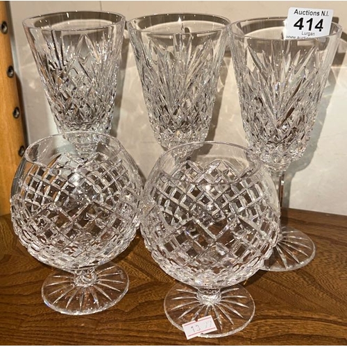 414 - Set of 3 Tryone Crystal Wine Glasses + Pair Of Tyrone Crystal Brandy Glasses