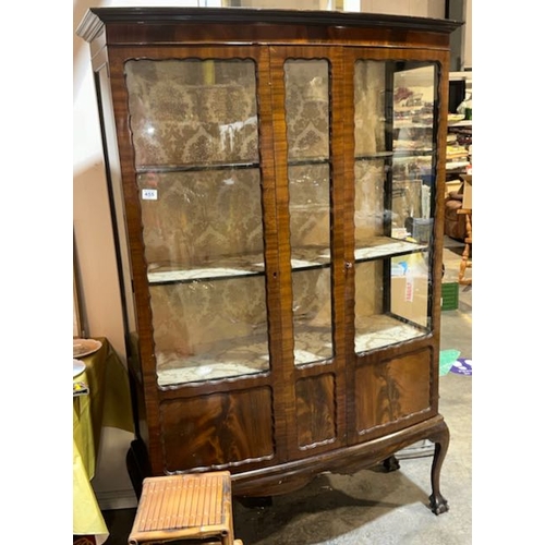 455 - Large Antique Walnut Bow Fronted 2 Door Display Cabinet On Ball & Claw Feet With Key