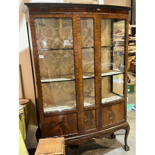 455 - Large Antique Walnut Bow Fronted 2 Door Display Cabinet On Ball & Claw Feet With Key