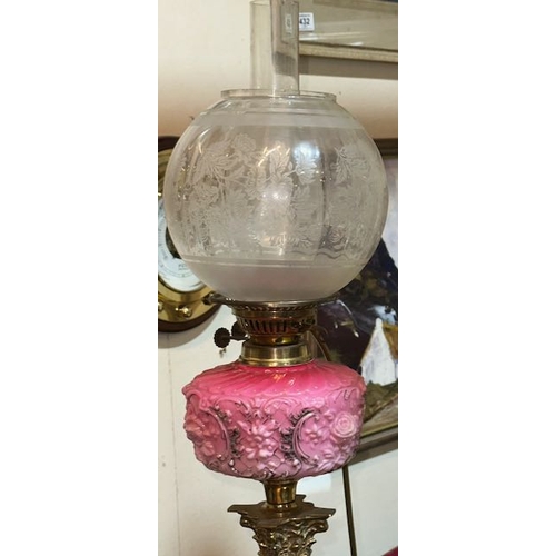 456 - Converted Brass Column Vintage Oil Lamp With Pink Well & Etched Glove