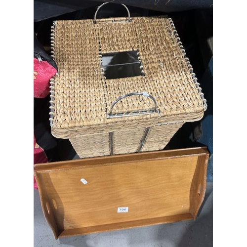 706 - Large Lidded Wicker Hamper + Wooden Tray