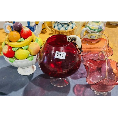 713 - Collectable Cranberry Glass + Ceramic Fruit Basket