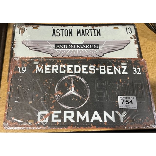 754 - 2 x Metal Car Signs - Aston Martin + Mercedes