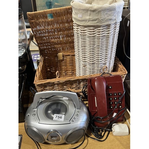 756 - Wicker Basket x 2 + Vintage Telephone + CD Player