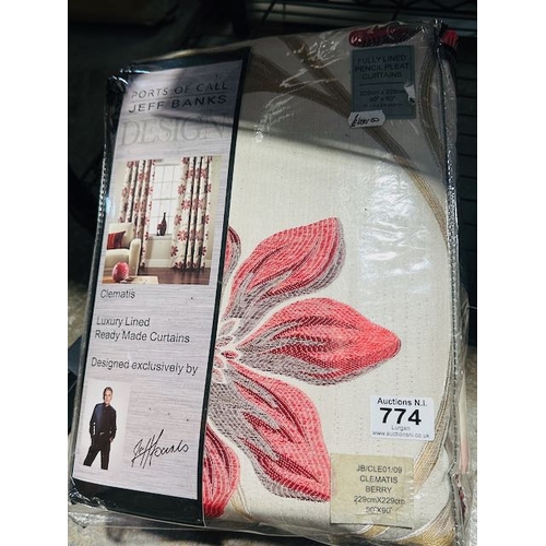 774 - Ports Of Call Jeff Banks Luxury Lined Pencil Pleat Curtains 90x90 - Clematis Berry RRP £100