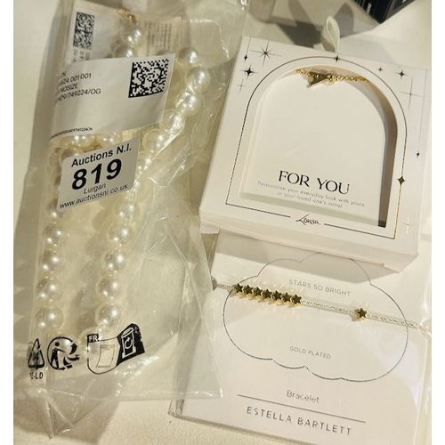 819 - Estella Bartlet Gold Plated Bracelet + Lovisa A Pendant Necklace + H&M Dress Pearl Necklace