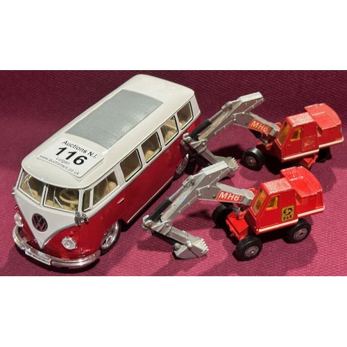 116 - Welly 1962 Model VW Camper + 2x Matchbox Hydraulic Excavators
