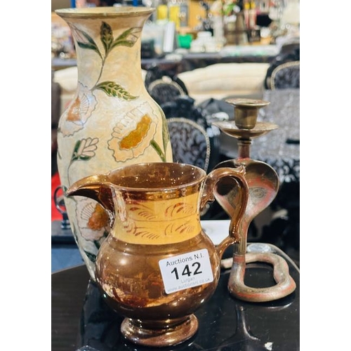 142 - Brass & Enamel Vase, Brass Snake Candle Holder + Lustre Jug