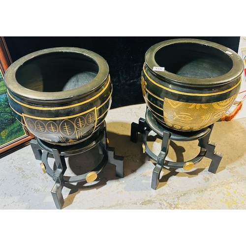 158 - Pair of Large Black & Gold Planters on Stands
