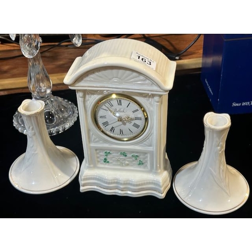 163 - Pair of Belleek Butterfly Candlesticks + Belleek Shamrock Detail Mantle Clock