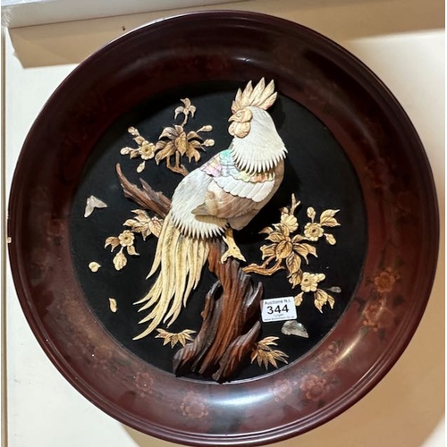 344 - Quality Japanese Panel Depicting A Cockerel Upon A Branch Using Carved Inlays Including Antique Bone... 