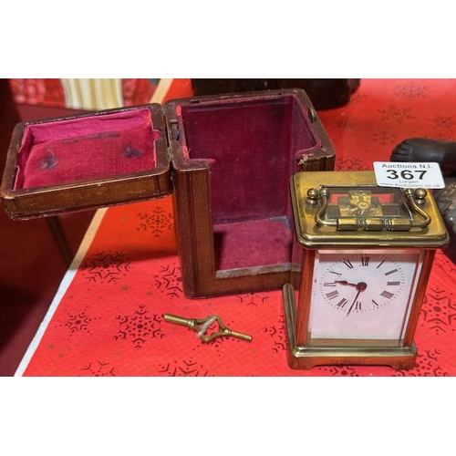 367 - Vintage Brass French Carriage Clock with Key in Original Leather Travel Case
