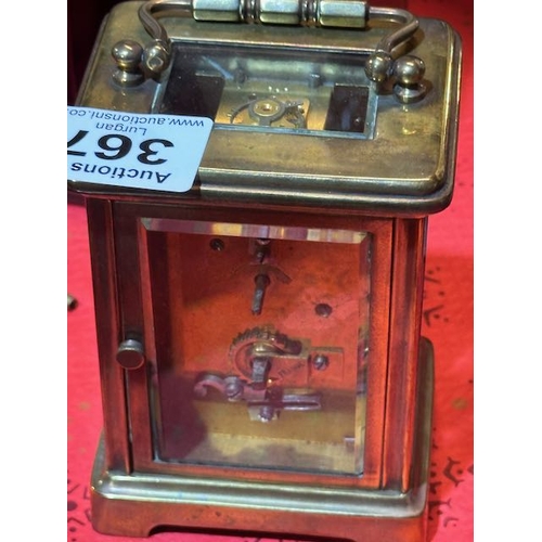 367 - Vintage Brass French Carriage Clock with Key in Original Leather Travel Case