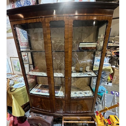 395 - Large Antique Walnut Bow Fronted 2 Door Display Cabinet On Ball & Claw Feet With Key