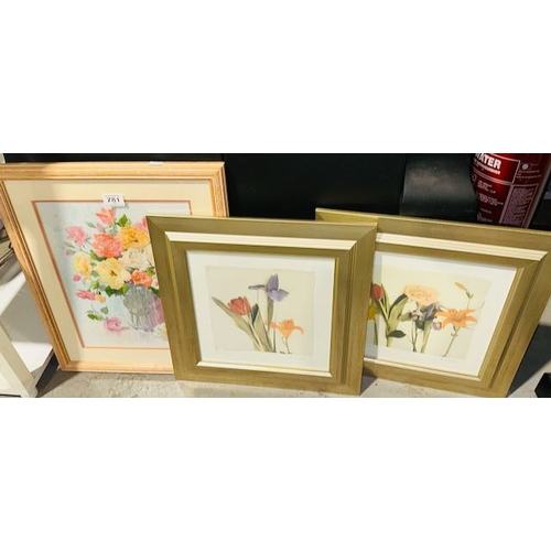 781 - Pair Of Gilt Framed Floral Prints + Framed Floral Embroidery