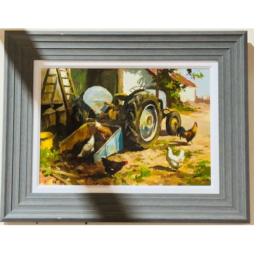 345 - Framed Donal Mc Naughton Oil On Board - Tractor & Chickens - Appx 28x22