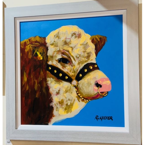 346 - Large Framed Ronald Keefer Oil on Board - Prize Bull - 30