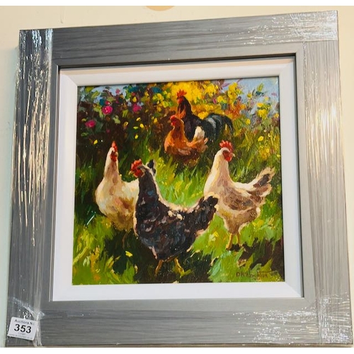 353 - Framed Donal Mc Naughton Oil on Board - Chickens in the Field - 18