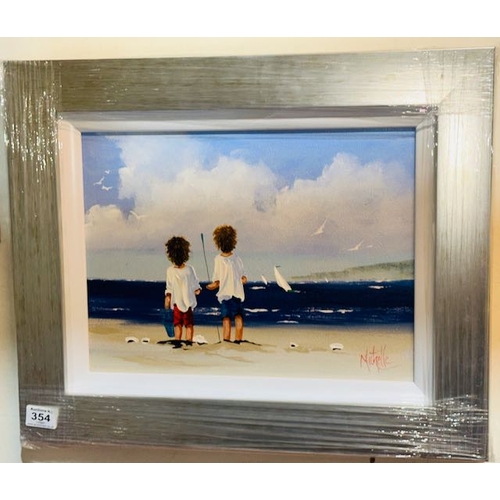 354 - Framed Michelle Carlin Oil On Board Boys at the Beach - Approx 22