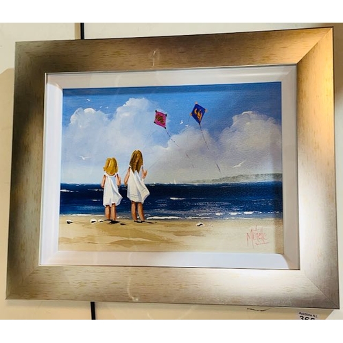 365 - Framed Michelle Carlin Oil on Board - Sisters Flying Kites - 22x18