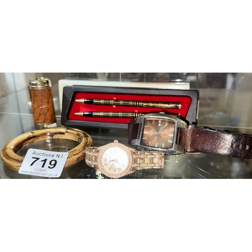 719 - Collectables Incl Vintage Coin Holder, Pen Set, Bracelet & Watches