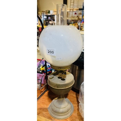 200 - Vintage Duplex Oil Lamp with Globe Shade (Chimney Cracked)