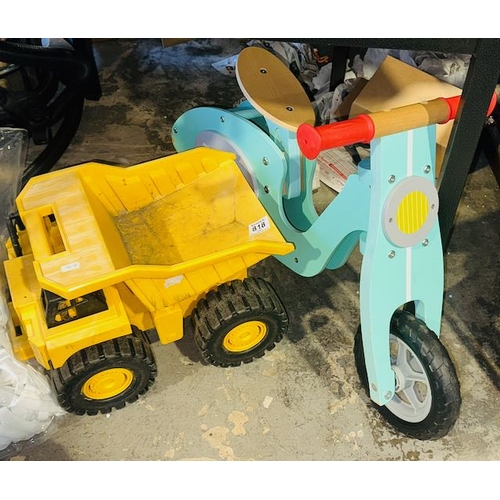 818 - Large Dumper Truck + Kids Wooden Moped