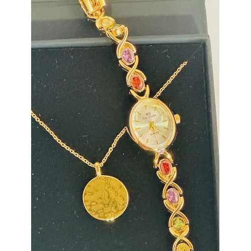 1070 - Bee Sister Beautiful Stoned Bracelet Watch + Gold Lunar Necklace