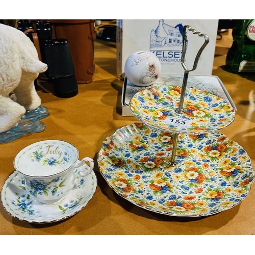 153 - Royal Albert 'July' Forget-Me-Not Teacup & Saucer + Old Foley Marigold Cake Stand