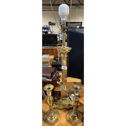 156 - Tall Brass Column Lamp + Pair of Heavy Brass Candlesticks