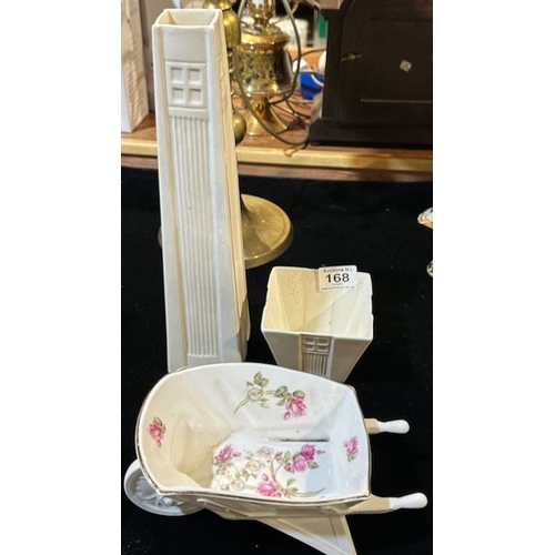 168 - Belleek Living Piece x2 + Aynsley Elizabeth Rose Wheelbarrow