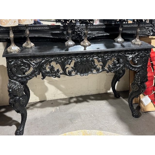 342 - A 7'x5' Large Ornate Black Framed Mirror + Large Ornate Black Console Table on 4 Lions Head & Paw Fe... 