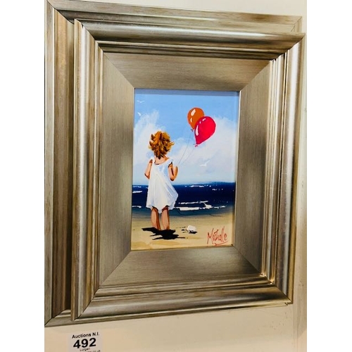 492 - Contemporary Chunky Framed Michelle Carlin Oil - Balloons at the Beach - Framed 11x13