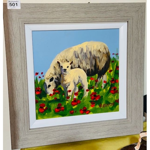 501 - Framed Ronald Keefer Oil on Board - Ewe & Lamb - Framed 18