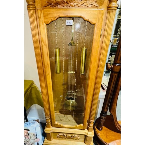 533 - Pine Cased Tempus Fugit Grandfather Clock with Chime