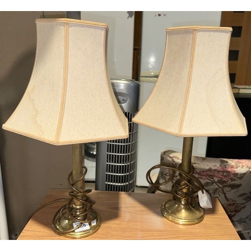 568 - Pair of Brass Based Table Lamps With Cream Shades