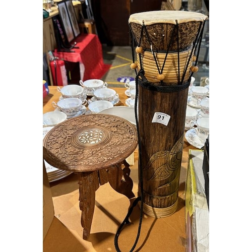 91 - Fretwork Table + Tall Wooden Tribal Drum