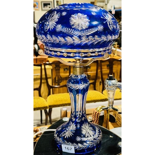 167 - Bohemian Blue Flashed Cut Glass Table Lamp with Mushroom Shade