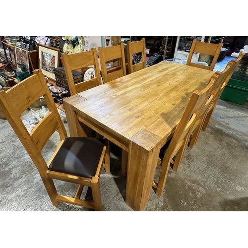 228 - Solid Light Oak Dining Table With 8 Solid Wood & Brown Leather Chairs