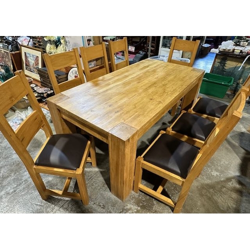 228 - Solid Light Oak Dining Table With 8 Solid Wood & Brown Leather Chairs