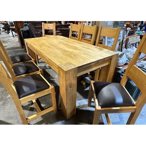 228 - Solid Light Oak Dining Table With 8 Solid Wood & Brown Leather Chairs