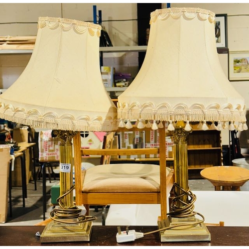 319 - Pair Of Brass Based Column Table Lamps With Shades