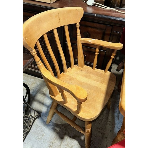 327 - Country Kitchen Pine Dining Table With 5 Chairs Incl 2 Carvers - 2 Chairs Need Attention