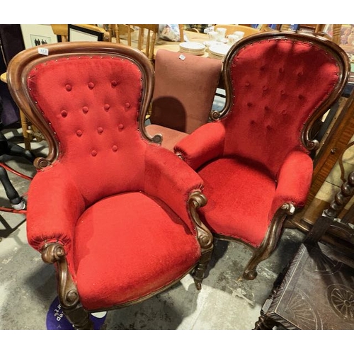 373 - 2 x Victorian Spoon Back Upholstered Chairs On Casters