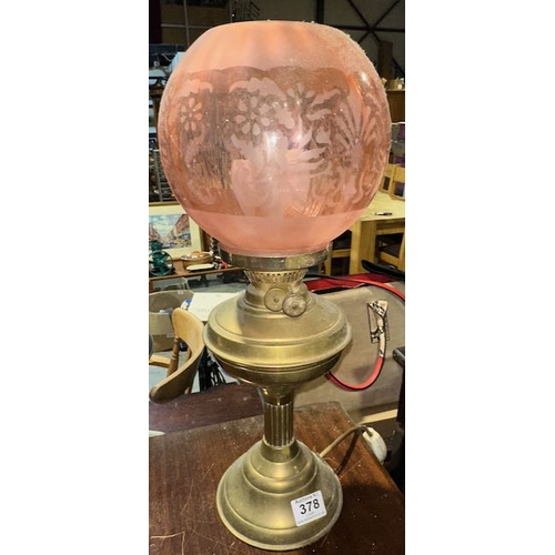 378 - Converted Brass Oil Lamp With Pink Glass Shade