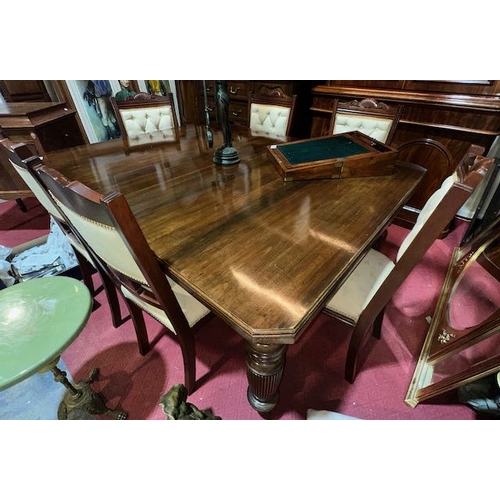 395 - Antique Column Leg Extending Dining Table with 2 Leaves & Winder with 6 Carved Detail Chairs in Exce... 