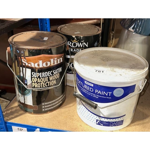 781 - 5L Coarse Matt White Paint + Sadolin 5L Satin Wood Protection + 5L Crown Timonox Acrylic Eggshell Fi... 