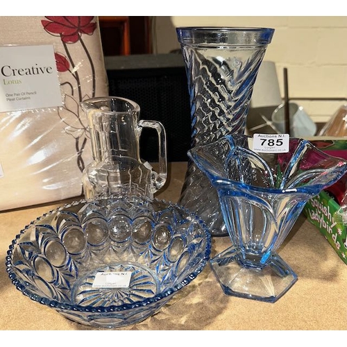 785 - 3pc Blue Glass + Cavan Crystal Jug